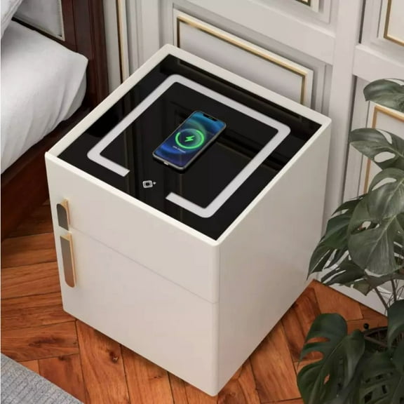 AFANQI Smart Nightstand w/Security Safe Lock Box, 3-Color Light,Wireless Charging