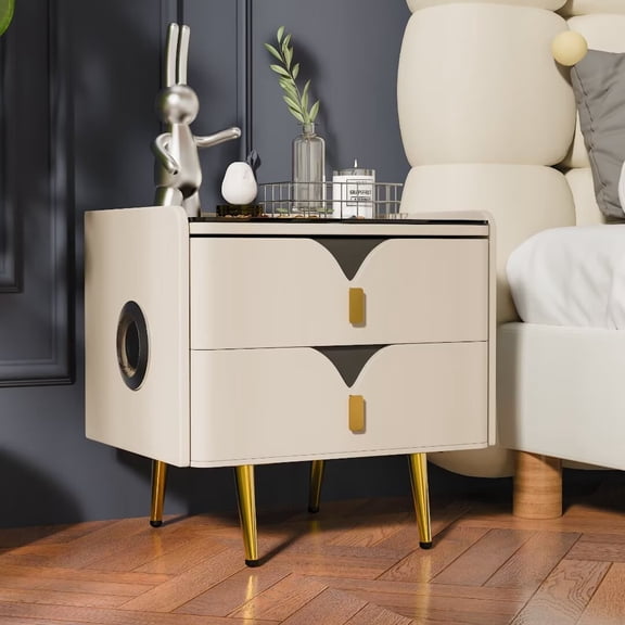 AFANQI Smart Bedroom Double Drawer Nightstand, Creative Design with Wireless Charging