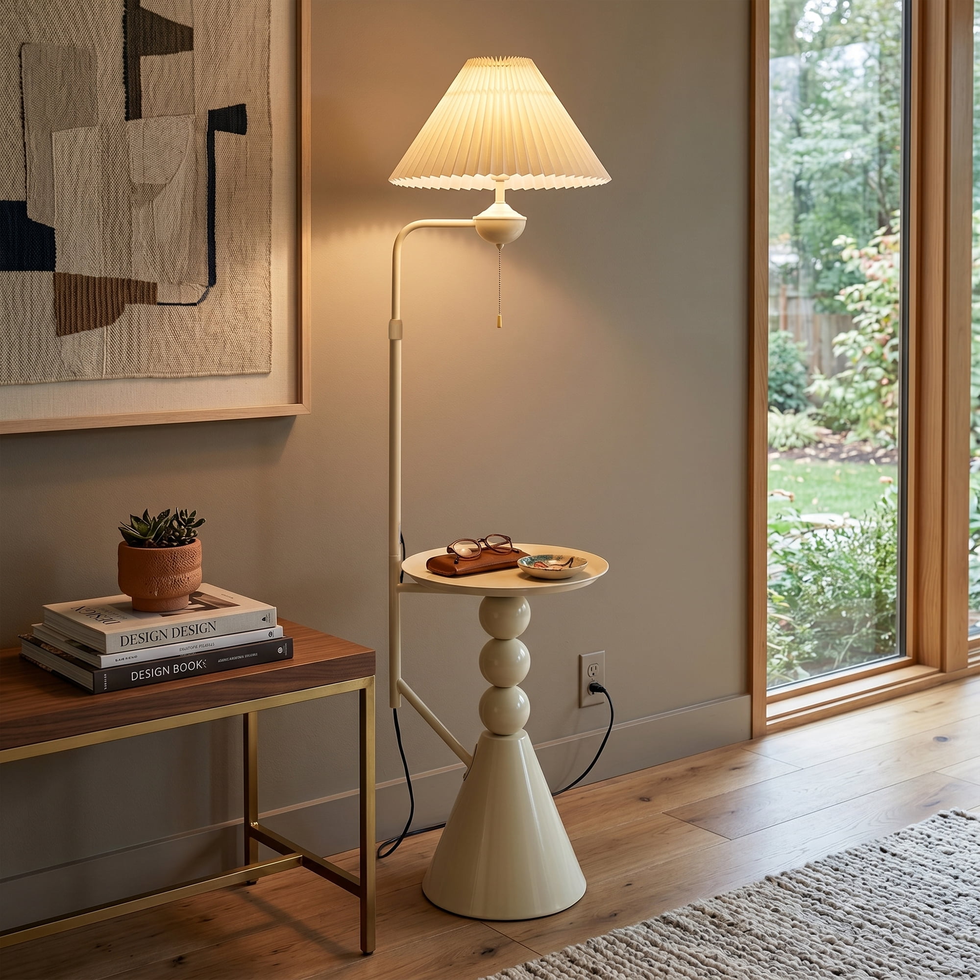 AFANQI15-inch Cream-colored Side Table Floor Lamp with Side Table Design; Suitable for Living Room, Bedroom, and Study; Nordic Minimalist Floor Lamp