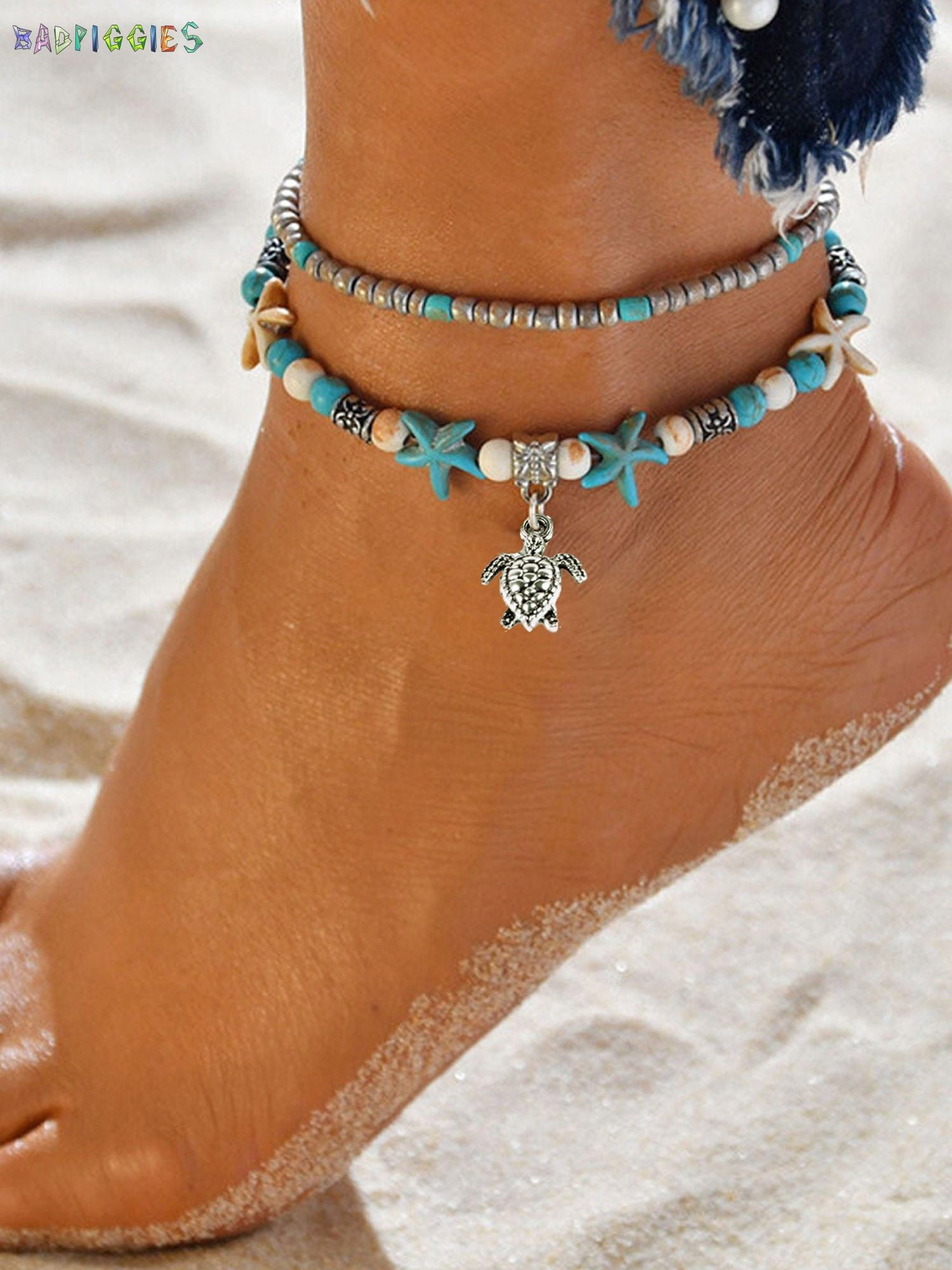 AFANSO Charm Boho Ankle Bracelet Multilayer Anklet Chain Blue Starfish Turtle Beach Sandal Foot Jewelry For Gift 8.7 2