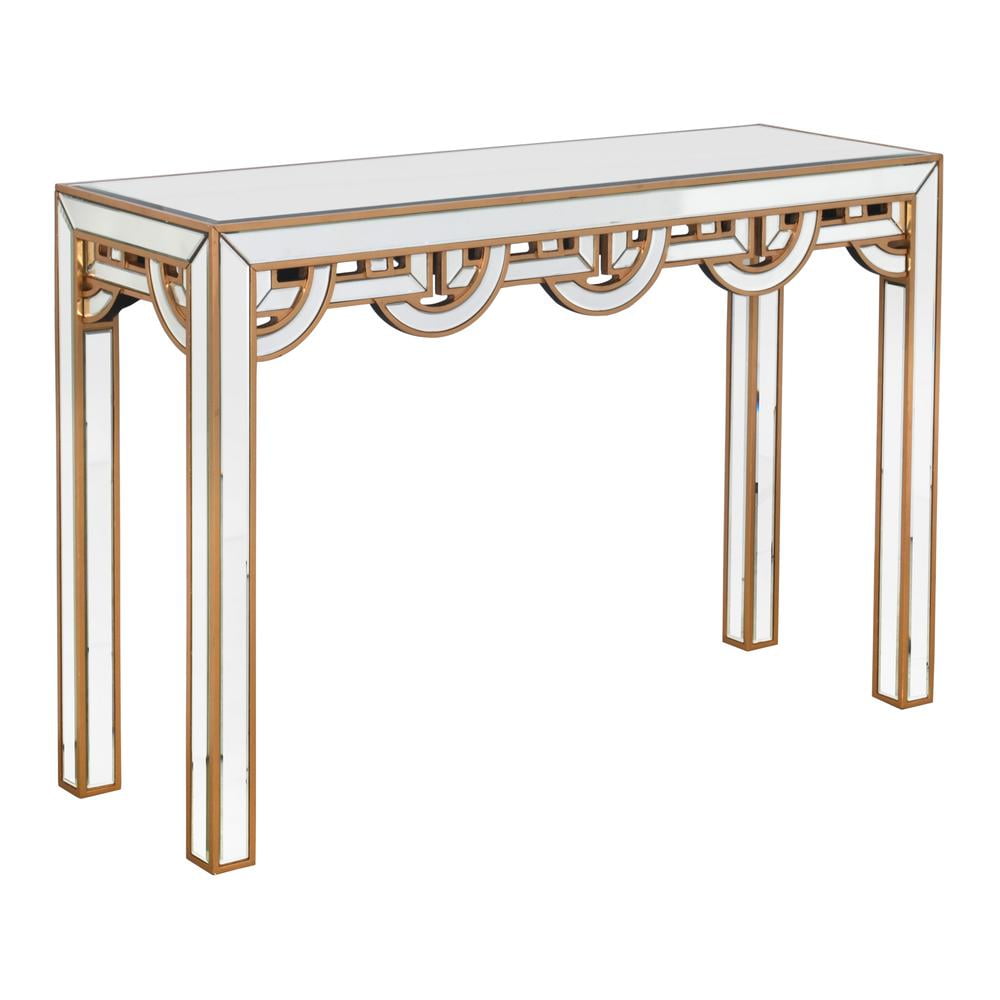 Gold and Mirrored Glass Console Table with Geometric Design
