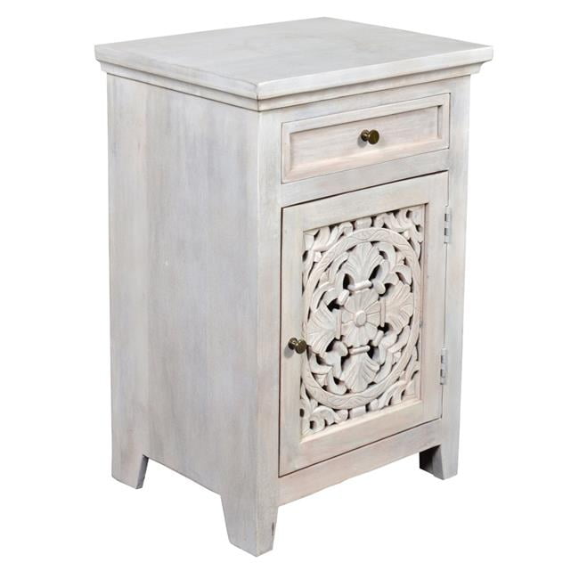 Antiqued White Hand Carved Wood Side Cabinet