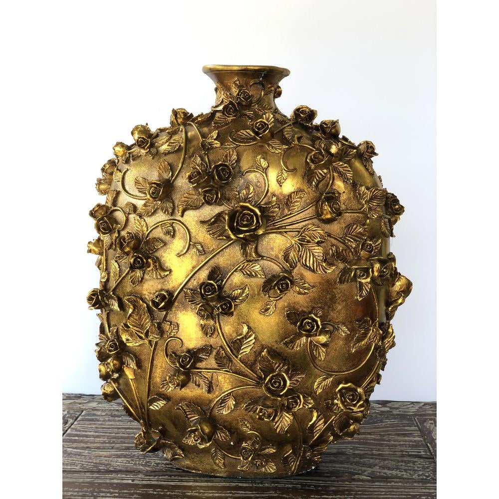 Antiqued Gold Floral Resin Decorative Vase