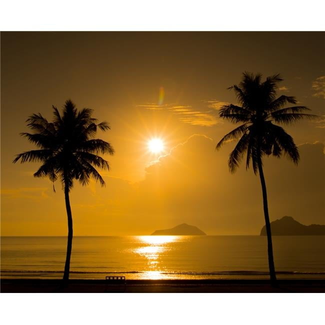 Golden Sunset Two Palm Trees Beach Canvas Art