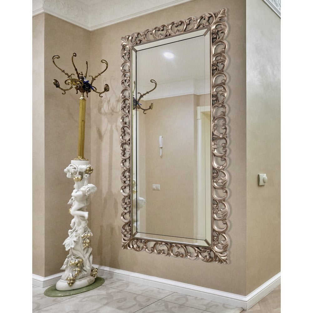 Antiqued Silver Leaf Inlaid Wall Mirror with Ornate Frame