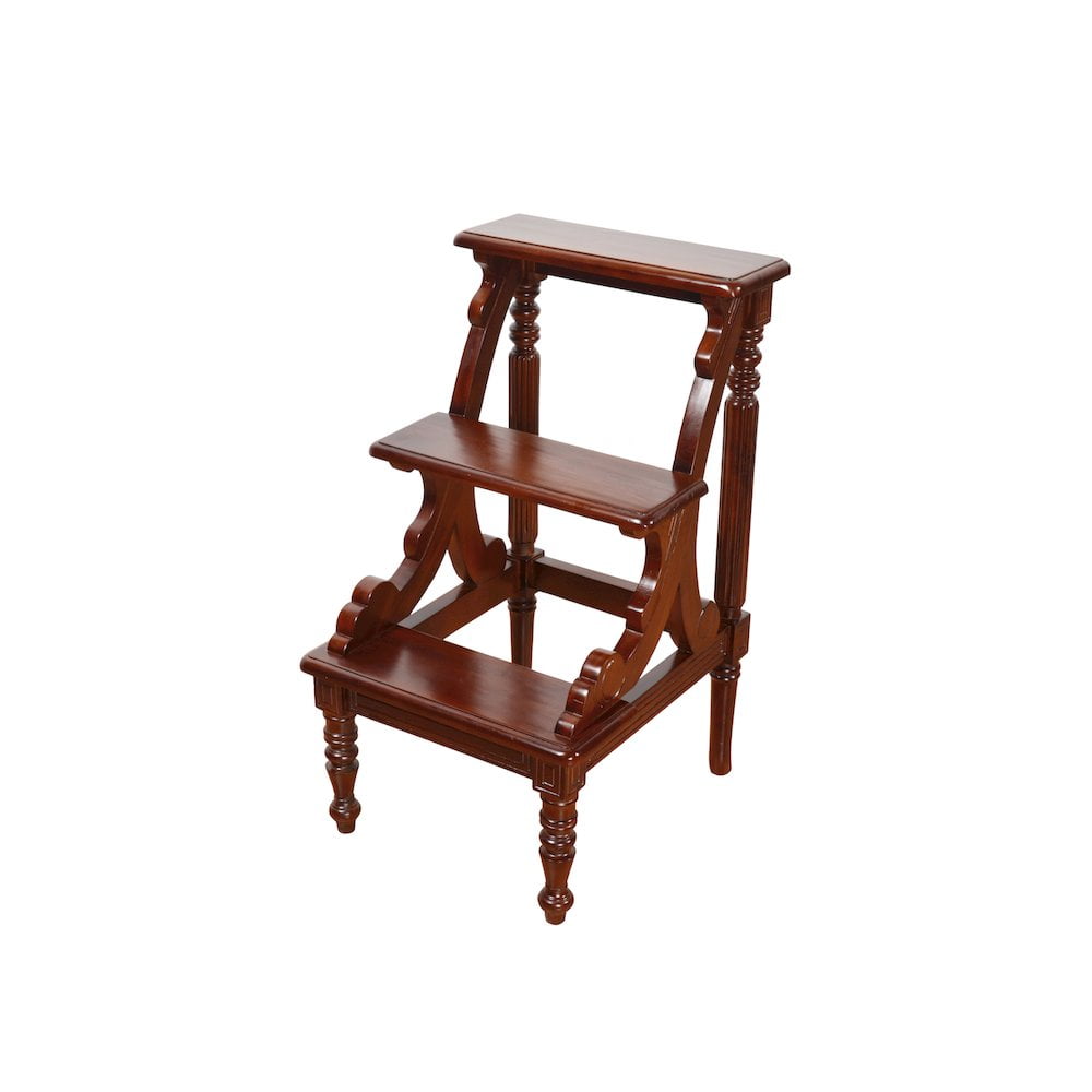 Hand-Carved Mahogany Library Stepladder with Mahogany Finish