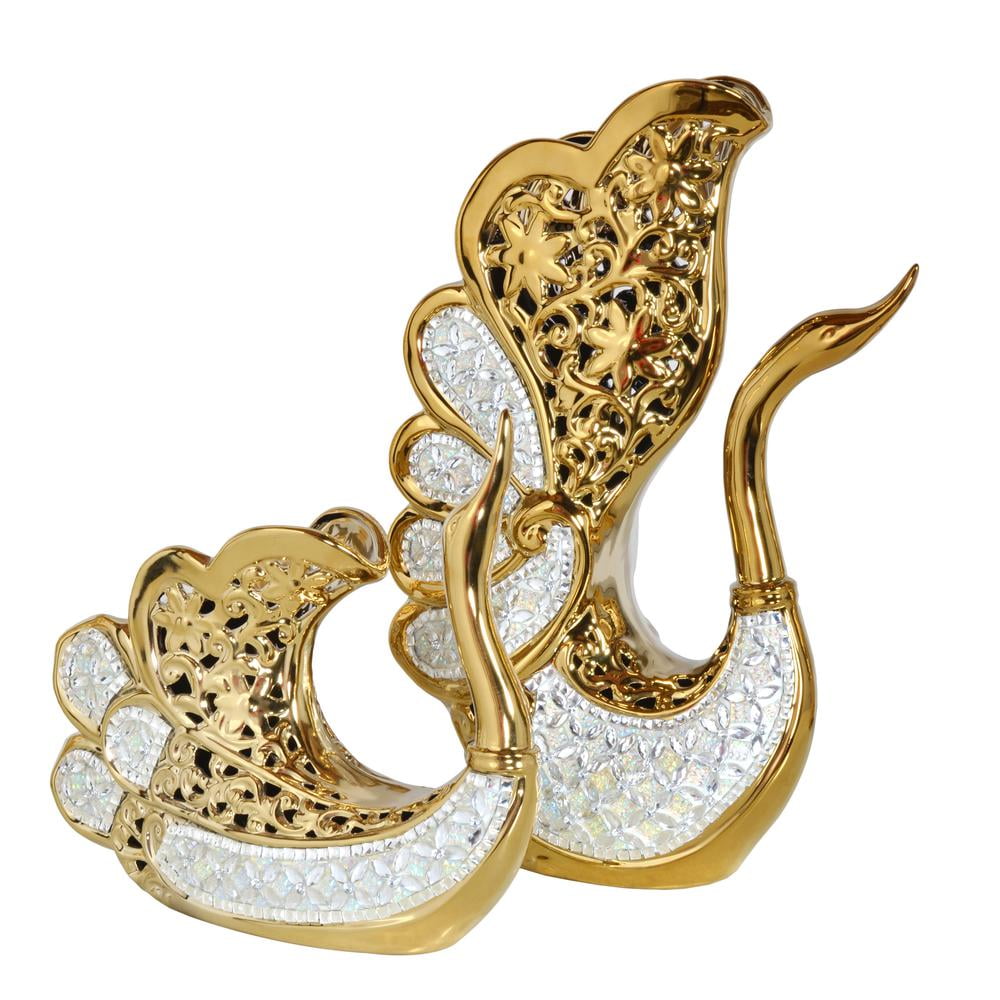 Opalescent Gold and White Swan Porcelain Vase Set