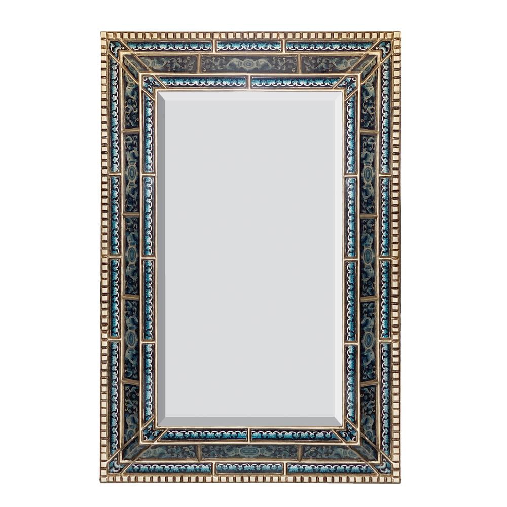 Peruvian Blue and Silver Reverse Painted Glass Mirror