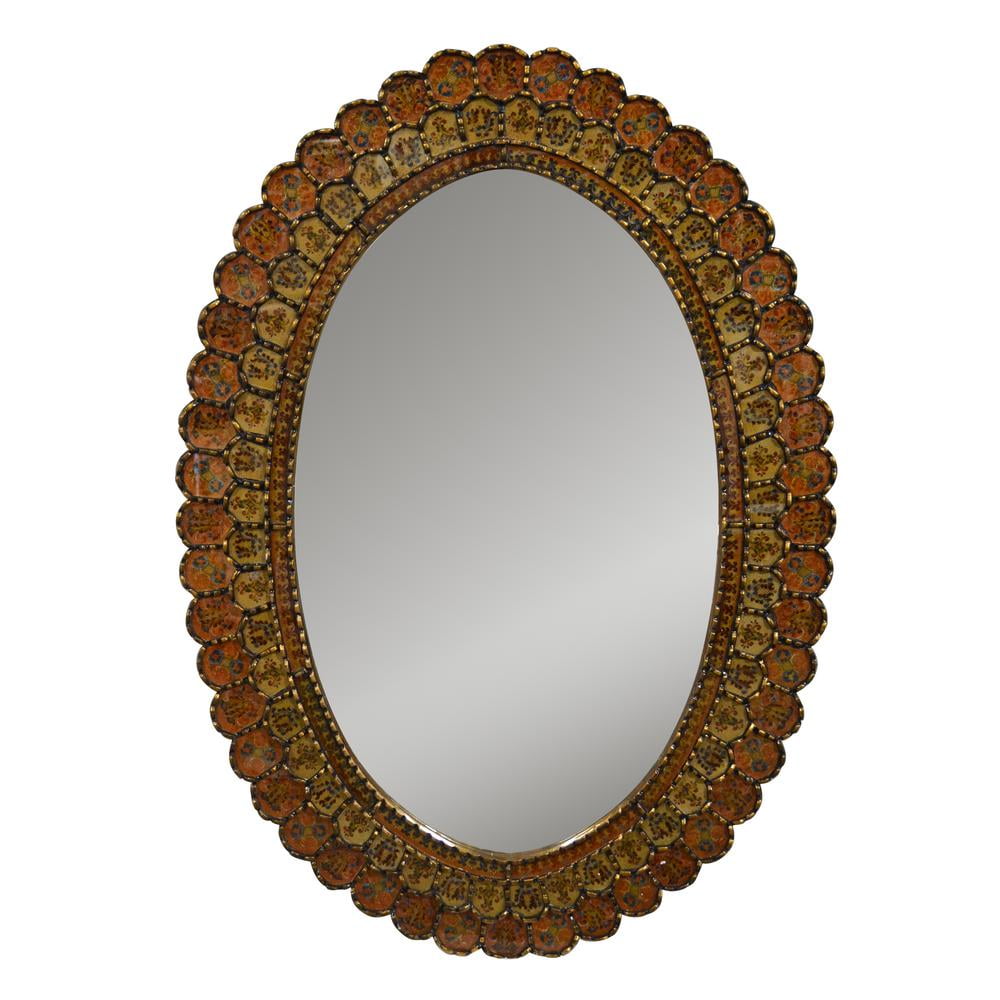 Peruvian Reverse Painted Glass Oval Mirror with Scalloped Wood Frame