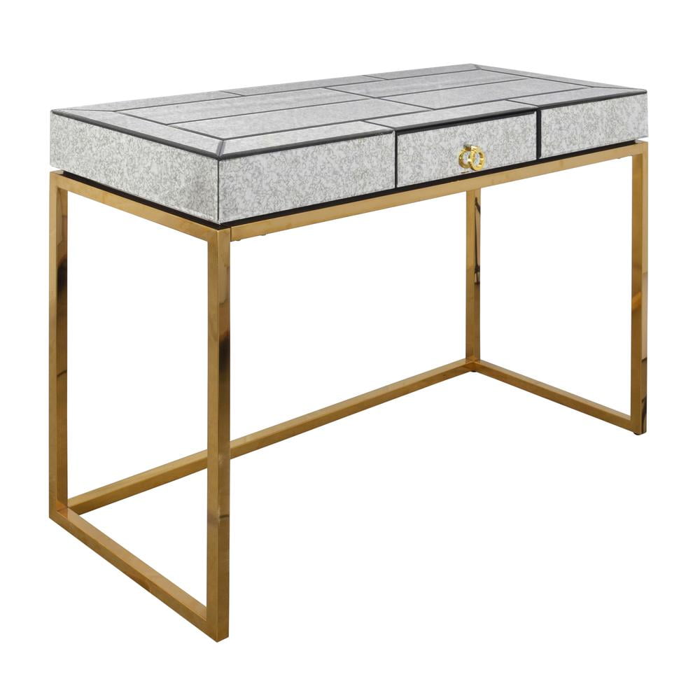 Gold and Mirrored Glass Desk Console Table with Storage