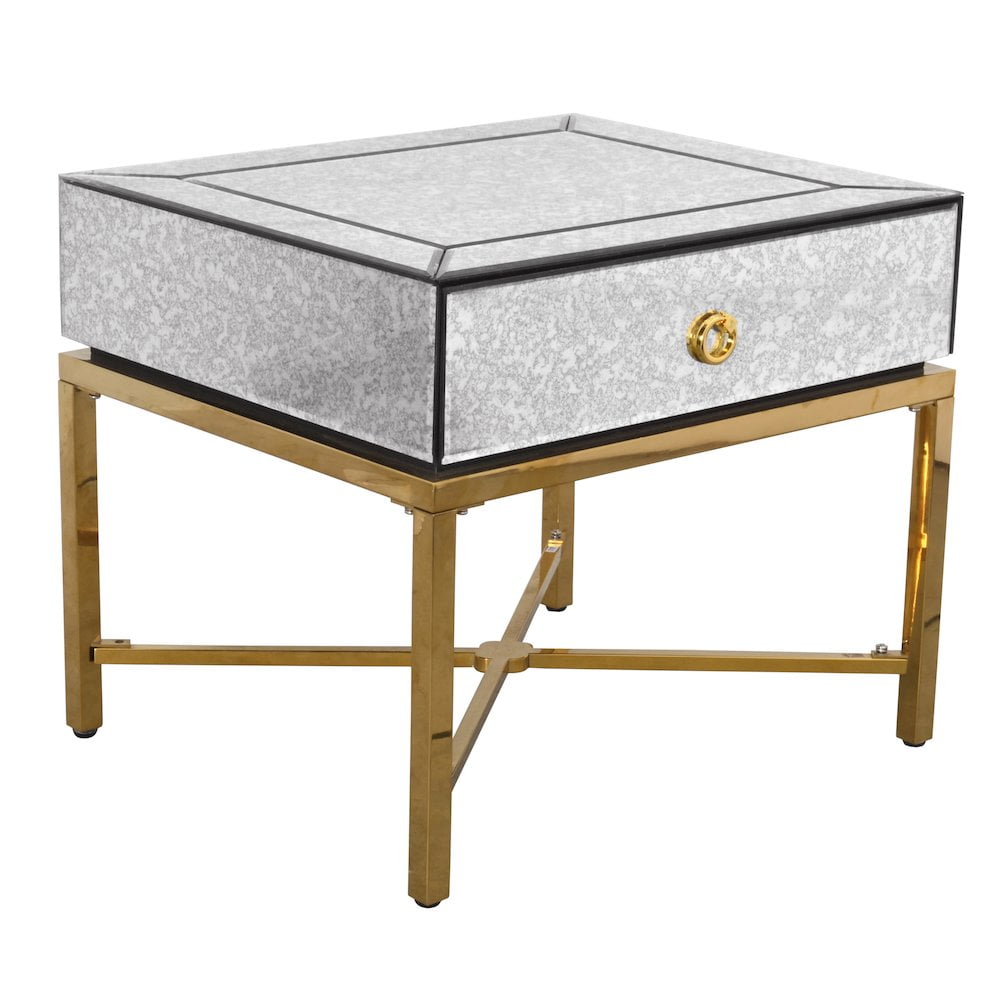 Gold and Mirrored Glass Side Table with Storage Drawer