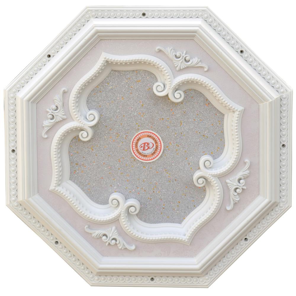 White and Silver Octagon Ceiling Medallion with Four Leaf Clover Design