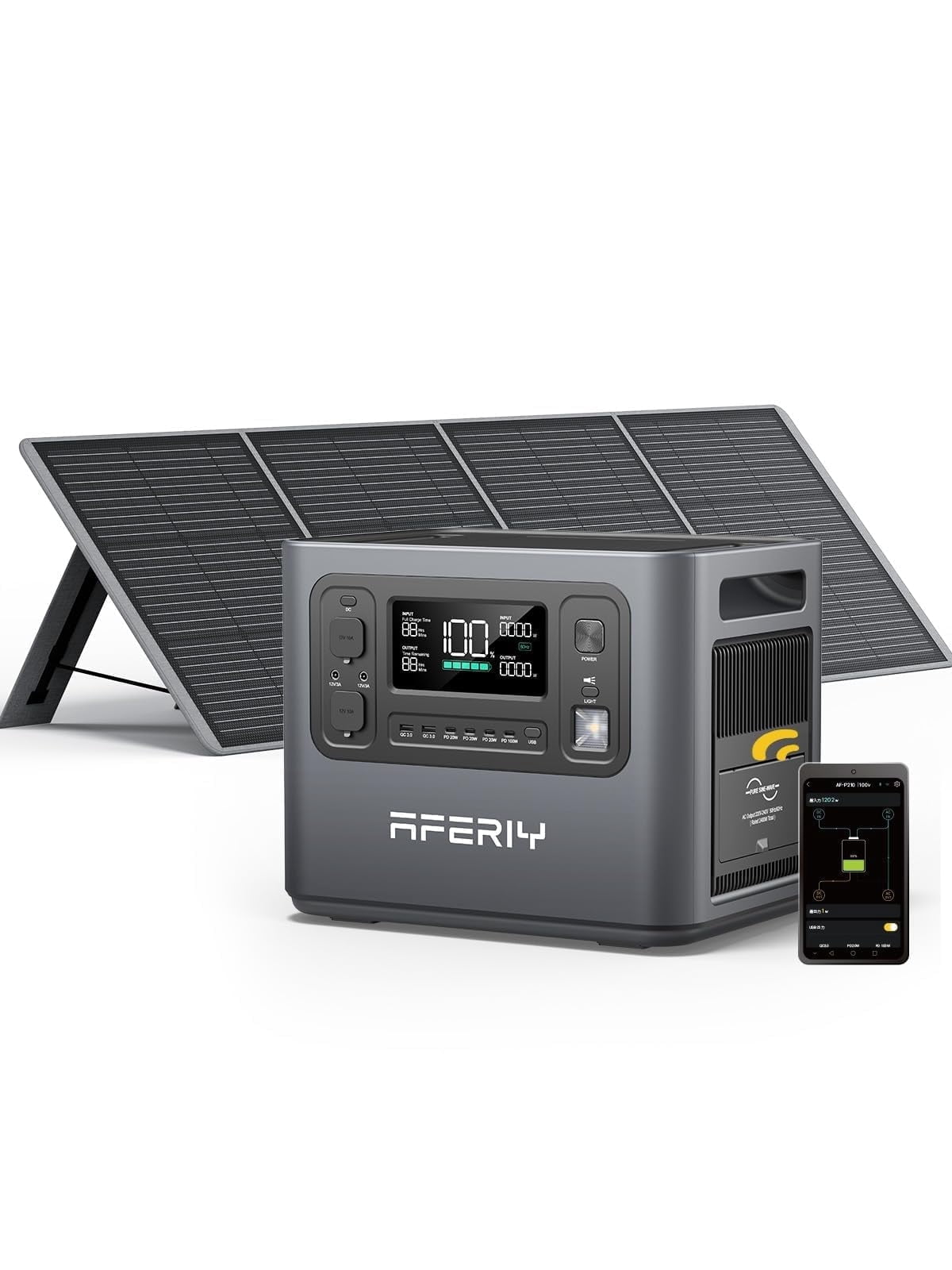 AFERIY 2400W Solar Generator P210 with 200W Solar Panel, 2048Wh Portable Power Station for Home Backup, Outdoor Camping, RVs, and Emergency Power Supply