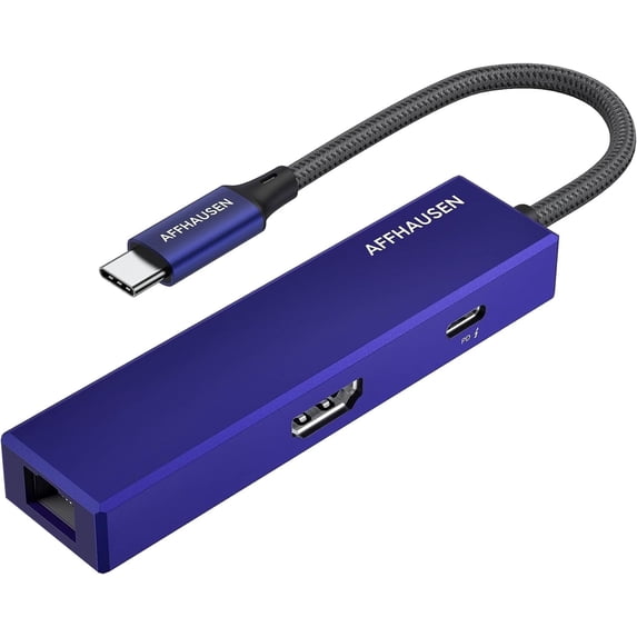 AFFHAUSEN 3-in-1 USB-C Hub – Gigabit Ethernet, 4K@60Hz HDMI, 100W PD Charging – MacBook Pro/Air, iPad Pro, iPhone 16, Dell XPS, Lenovo
