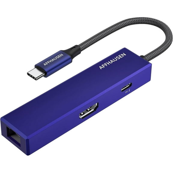 AFFHAUSEN HM01 3-in-1 USB C Hub multiport adapter with Gigabit Ethernet, 4K HDMI & 100W Power Delivery pass-through ports for MacBook Pro, iPad Pro, XPS, and more