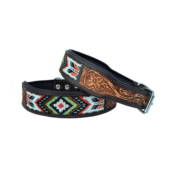 AFFILARE Beaded Leather Dog Collar Western Dog Collar Heavy Duty Tooled Adjustable and Padded 10AB003-S