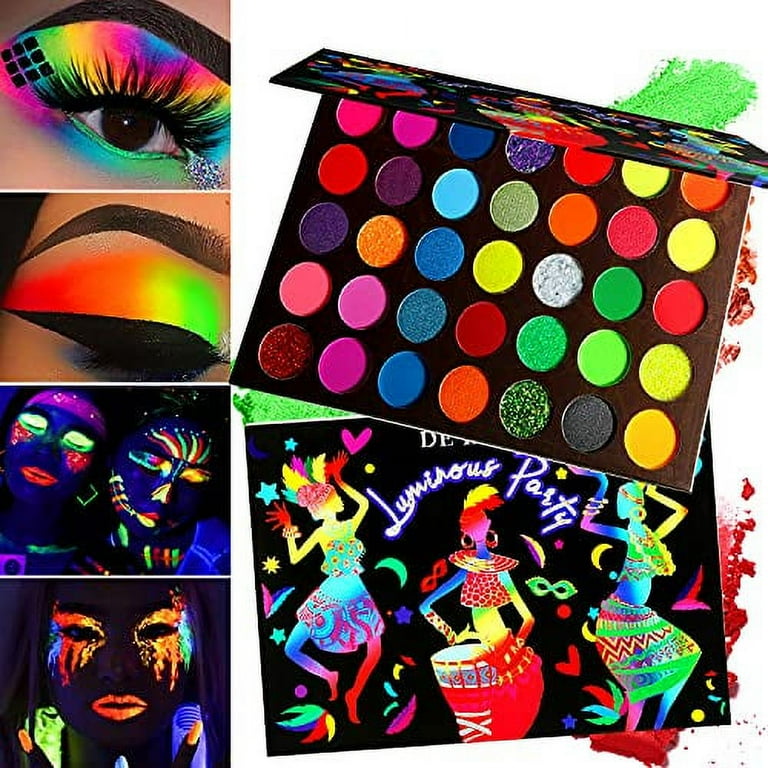 AFFLANO Neon Eyeshadow Palette Colorful High Pigmented 35 Color Blendable Bright Rainbow Eyeshadow Matte Shimmer Glitter Aurora Glow in Dark UV