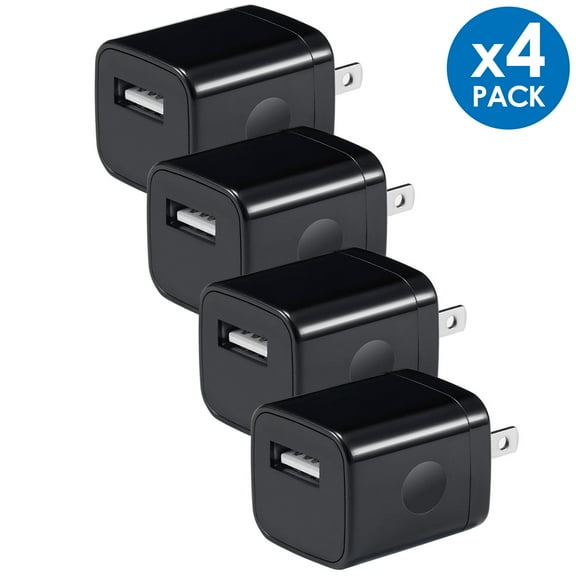 AFFLUX 4-PACK USB Wall Charger, 1A/5V 1-Port USB Wall Plug Travel Charging Adapter Compatible with iPhone 6 / 7 / 8 / X / XR / 11 / 12 / 13, Samsung Galaxy S8, S9, S10, A90, Universal, Full Black