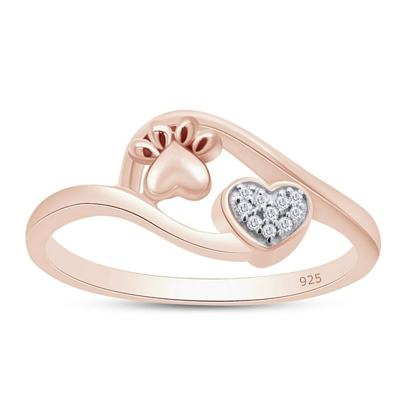 AFFY 0.03CT Natural White Diamond Accent Puppy Pet Paw Print Heart Ring For Women in 14K Rose Gold over Silver-4