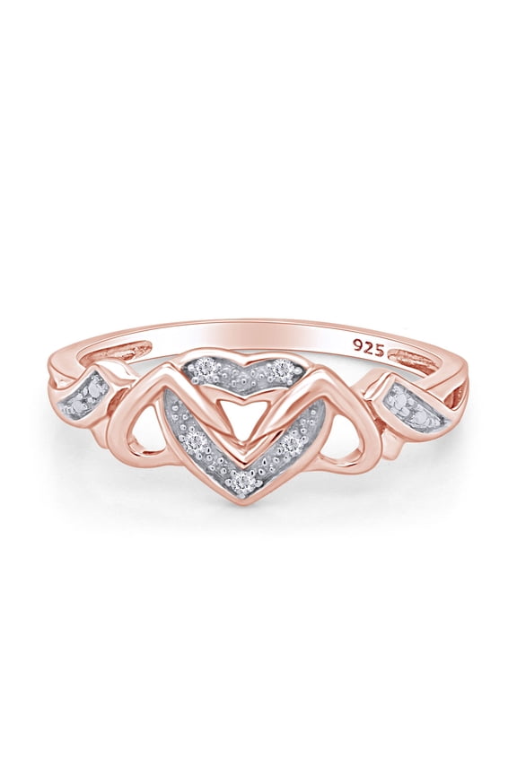 0.03CT White Natural Diamond Triple Heart Promise Ring in 14k Rose Gold over Silver-10