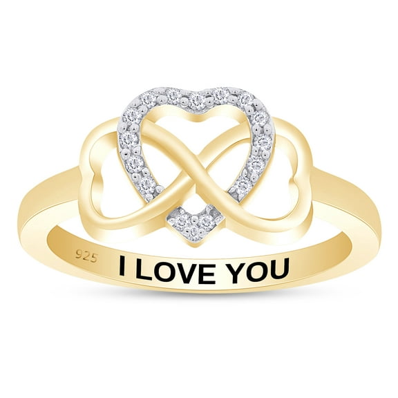 AFFY 0.05CT Natural Diamond "I Love You" Infinity Heart Promise Ring 14K Yellow Gold over Silver-4.5