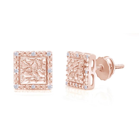 AFFY 0.05CT Natural White Diamond Accent Square Shape Nugget Mens Stud Earring 10K Solid Rose Gold