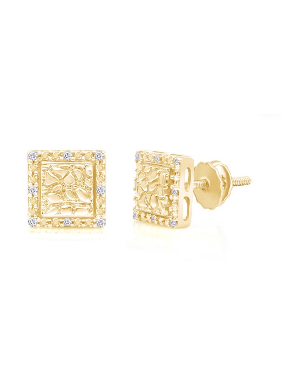 0.05CT Natural White Diamond Accent Square Shape Nugget Mens Stud Earring 10K Solid Yellow Gold