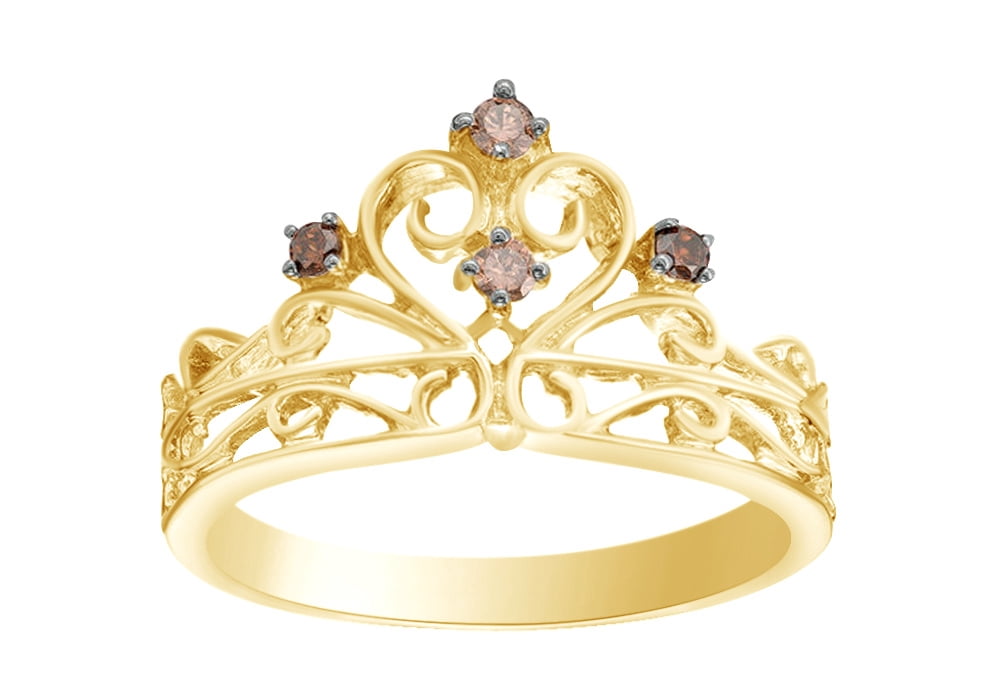 AFFY 0.1 Cttw Round Shape Brown Natural Diamond Crown Ring In 14K ...