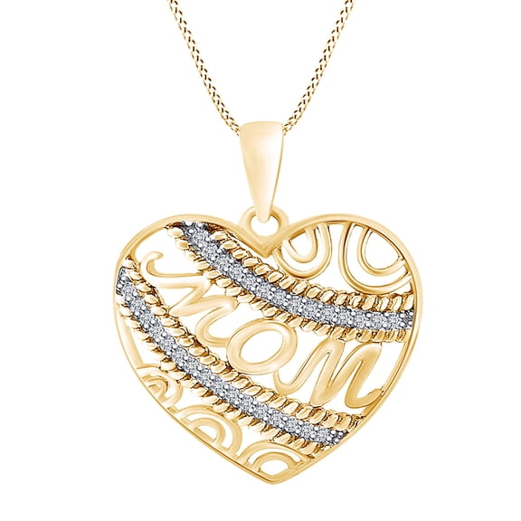 AFFY 0.10 Carat (Cttw) Round Shape White Natural Diamond MOM Heart Pendant Necklace 10k Solid Yellow Gold