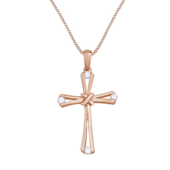 AFFY 0.10 Ct Round Natural Diamond Knot Cross Pendant Necklace In 14K Solid Rose Gold