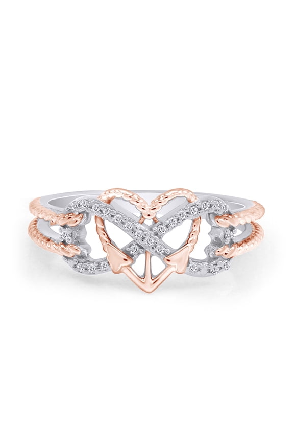 0.10CT Natural Diamond Two Tone Heart Infinity Anchor Rope Promise Ring 14K White Gold over Silver-8.5