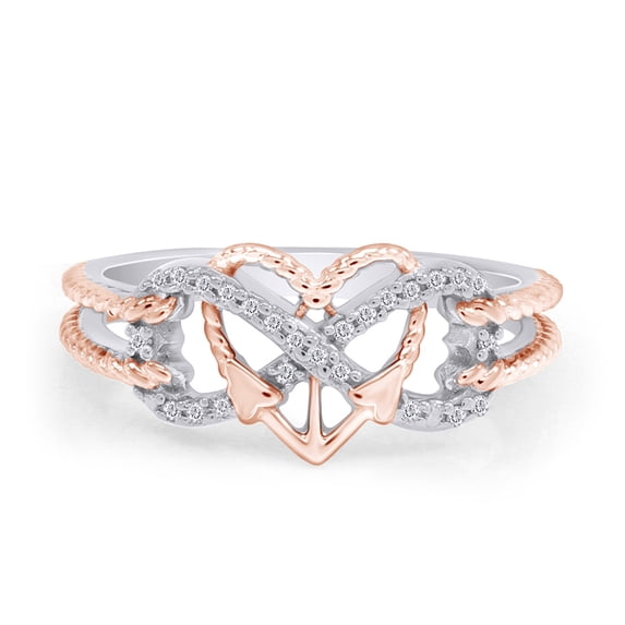 AFFY 0.10CT Natural Diamond Two Tone Heart Infinity Anchor Rope Promise Ring 14K White Gold over Silver-8