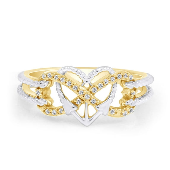 AFFY 0.10CT Natural Diamond Two Tone Heart Infinity Anchor Rope Promise Ring 14K Yellow Gold Over Silver-13
