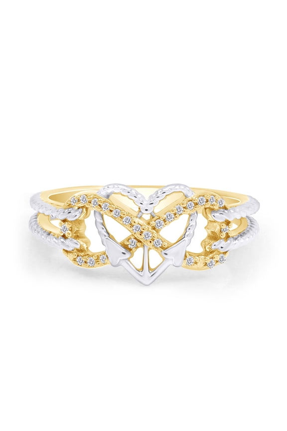 0.10CT Natural Diamond Two Tone Heart Infinity Anchor Rope Promise Ring 14K Yellow Gold Over Silver-8.5