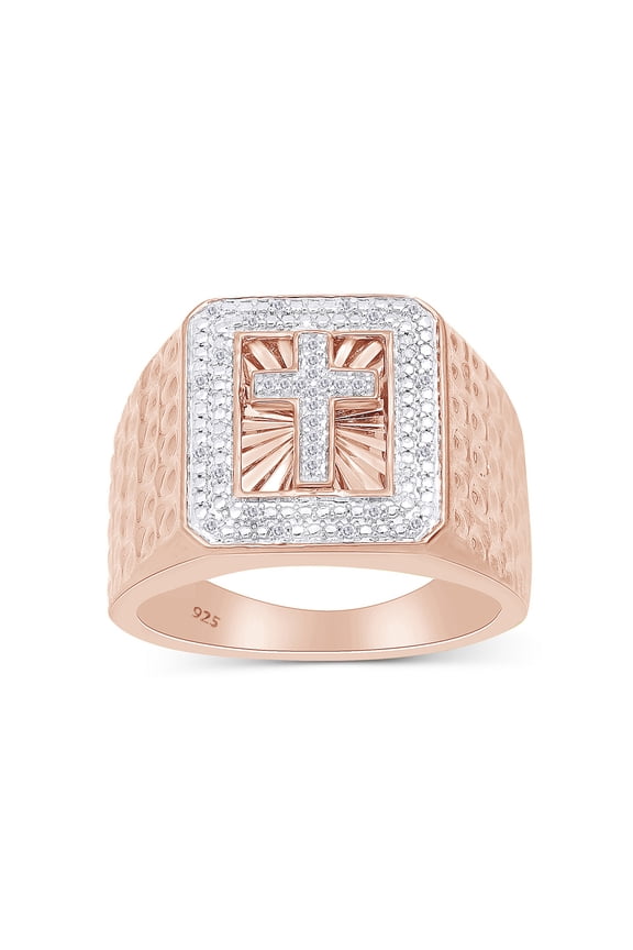 0.10CT White Natural Diamond Cross Men's Ring in 14K Rose Gold over Sterling Silver-11.5