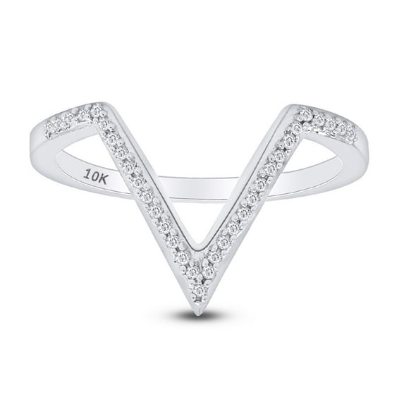 AFFY 0.11 Cttw Round Cut White Diamond V Shaped Ring In 10K Solid White Gold,Ring Size: 5.5