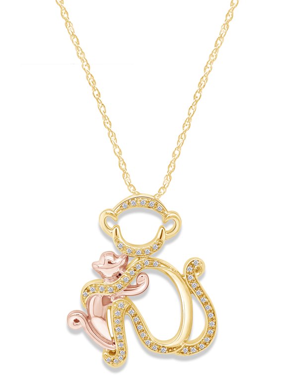 0.12 Carat Round Cut White Natural Diamond Two Tone Monkey Mom Pendant Necklace In 14K Yellow Gold Over Sterling Silver