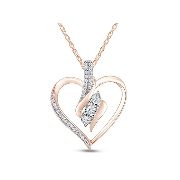 AFFY 0.25CT White Natural Diamond 3 Stone Heart Pendant Necklace for women 14K Rose Gold over Silver