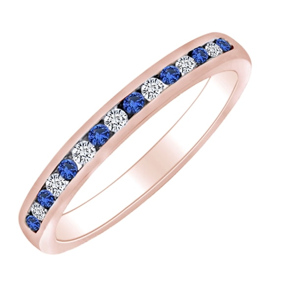 AFFY 0.3 Carat (Ctw) White Natural Diamond & Simulated Blue Sapphire Eternity Band Ring In 14k Solid Rose Gold Ring Size-6.5