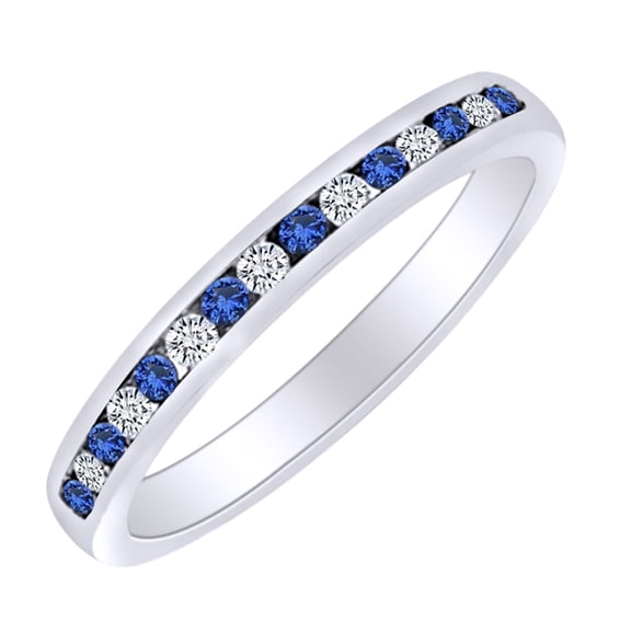 AFFY 0.3 Carat (Ctw) White Natural Diamond & Simulated Blue Sapphire Eternity Band Ring In 14k Solid White Gold Ring Size-6.5