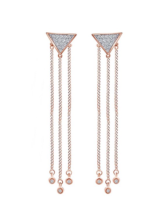 0.30 Cttw Round Cut White Natural Diamond Triangle Dangle Earrings In 18K Solid Rose Gold