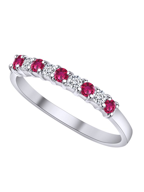 0.36 Carat(Ctw) Simulated Ruby & White Natural Diamond 9 Stone Eternity Wedding Band Ring 14k Solid White Gold Ring Size-7.5