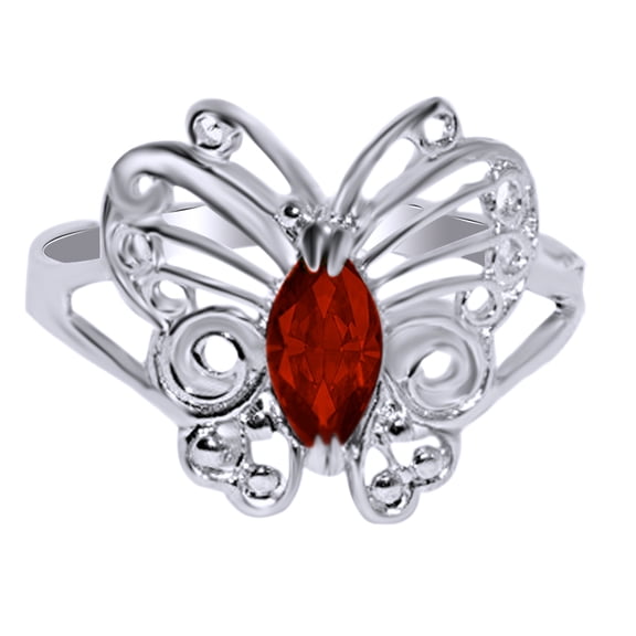 AFFY 0.41 Ct Marquise Shape Red Simulated Garnet Butterfly Ring in 14k White Gold Over Sterling Silver Ring Size - 12