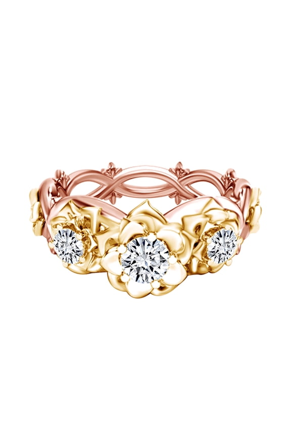 0.43 Carat Round Shape Natural Diamond Flower Two-Tone Engagement Ring 14k Solid Rose Gold Ring Size-9.5