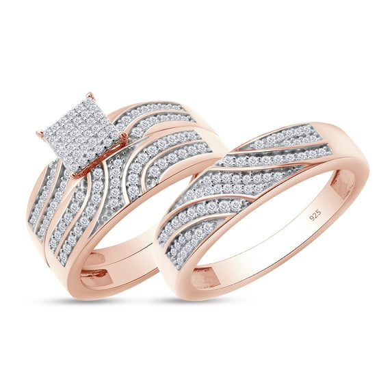 AFFY 0.50CT Round Moissanite Diamond Men & Women's Engagement Trio Ring Set 14K Rose Gold over Silver Size: Women-4 & Men-8