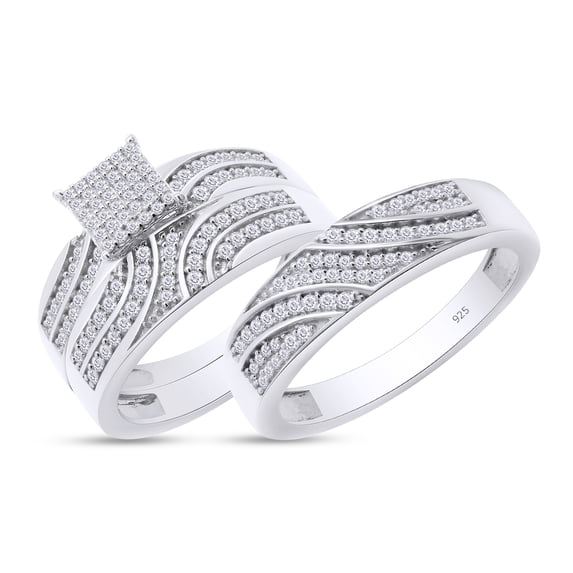AFFY 0.50CT Round Moissanite Diamond Men & Women's Engagement Trio Ring Set 14K White Gold over Silver Size: Women-7.5 & Men-7