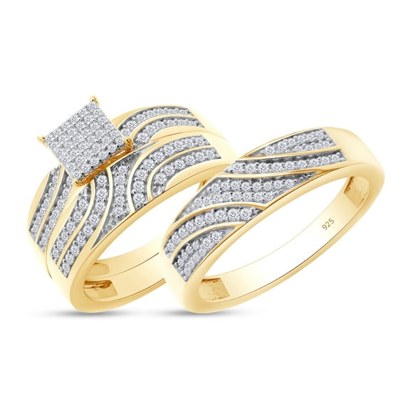 AFFY 0.50CT Round Moissanite Diamond Men & Women's Engagement Trio Ring Set 14K Yellow Gold over Silver Size: Women-7 & Men-8.5