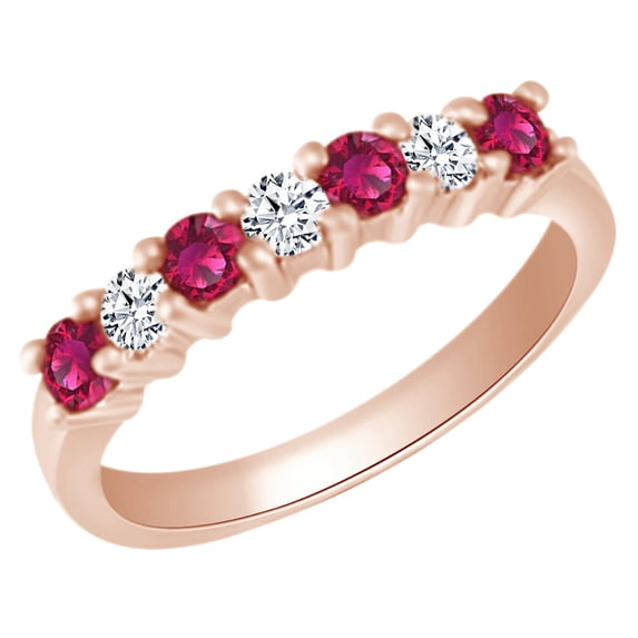 AFFY (0.6 cttw) Round Cut Simulated Pink Ruby & White Natural Diamond Anniversary Wedding Ring In 14k Rose Gold With Ring Size 5