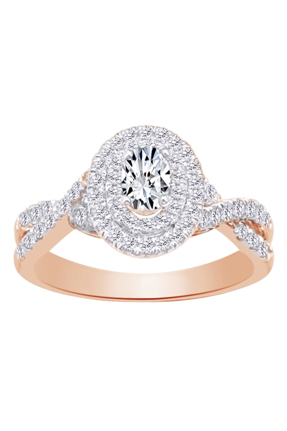 0.62 CT White Natural Diamond Oval Shape Twist Shank Double Halo Engagement Wedding Ring In 14k Rose Gold With Ring Size 12.5