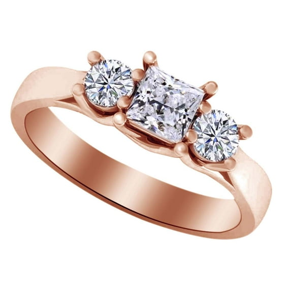 AFFY 0.68 Ct White Natural Diamond Three Stone Engagement Ring in 14k Rose Gold Ring Size - 4